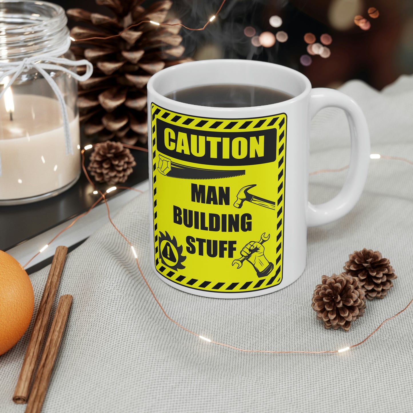 Man Building Stuff, Ceramic Coffee Cups, 11oz, Workshop, Man Cave, Garage, Maker, Workman.